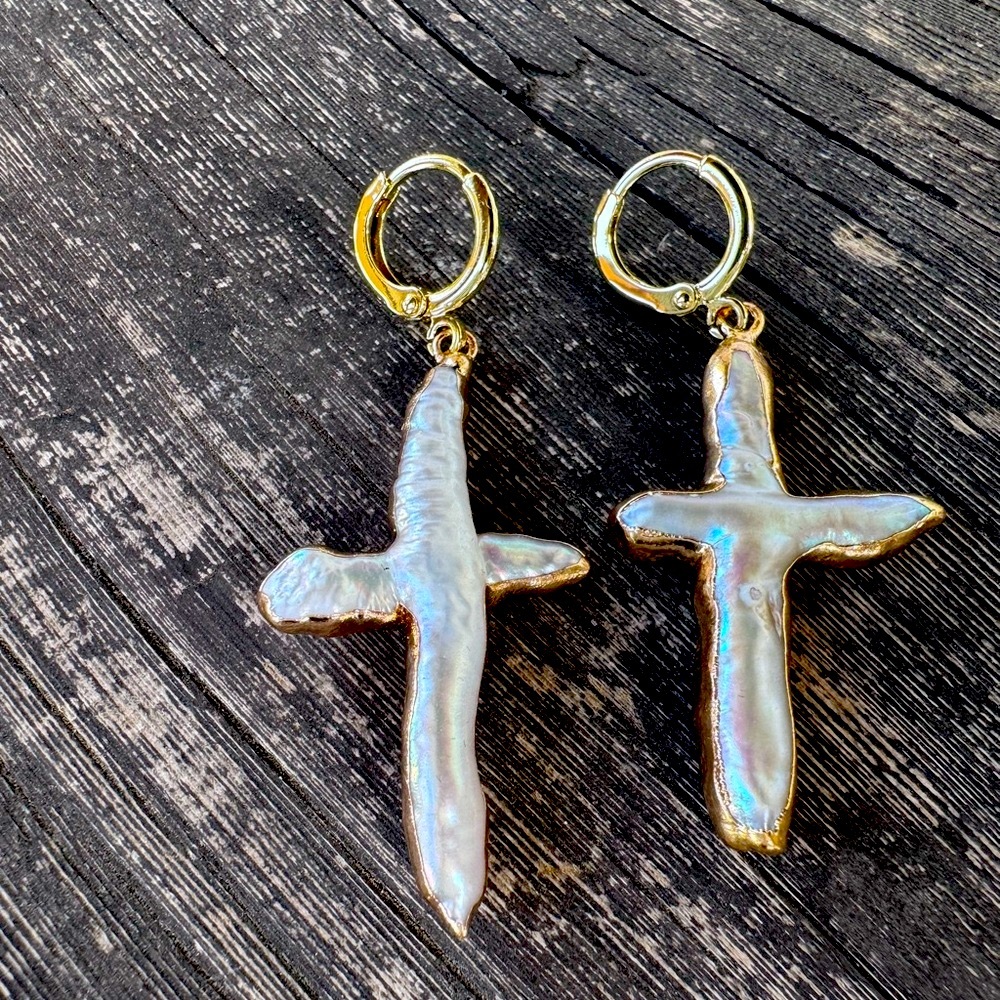 Gold and Pearl Cross Earring